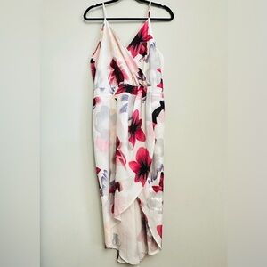 Tropical Floral Spaghetti Strap Faux Wrap High Low Tulip Dress, M - L